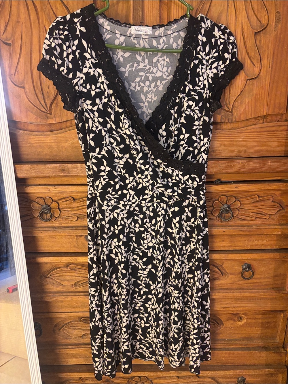 Speechless Black and White Floral Wrap Midi Dress with Lace Trim
